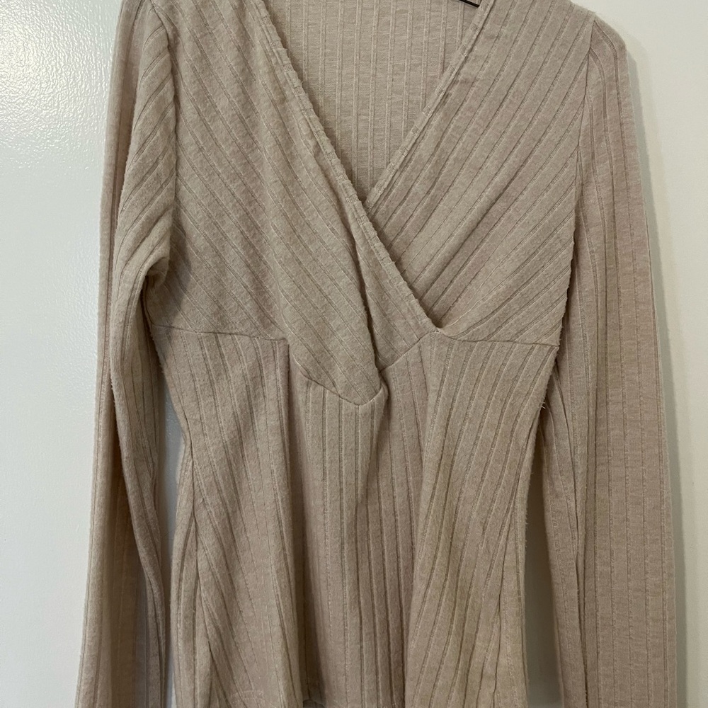 Chic Beige V-Neck Faux Wrap Sweater for Women